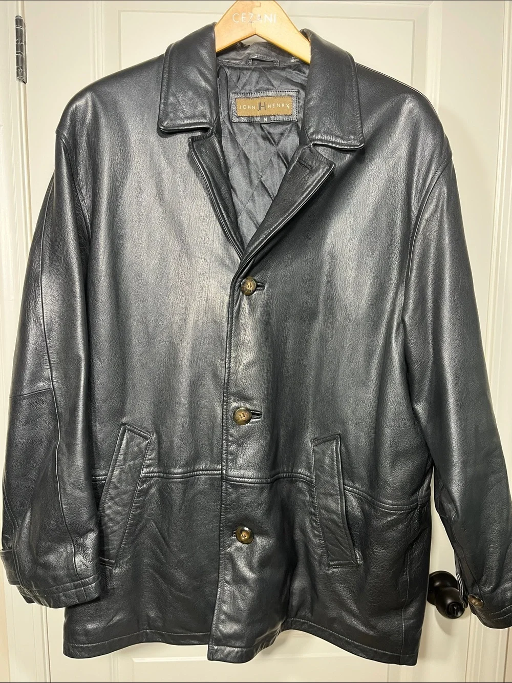 John Henry Black Genuine Leather Car Coat Jacket Quilted Lined Men’s M